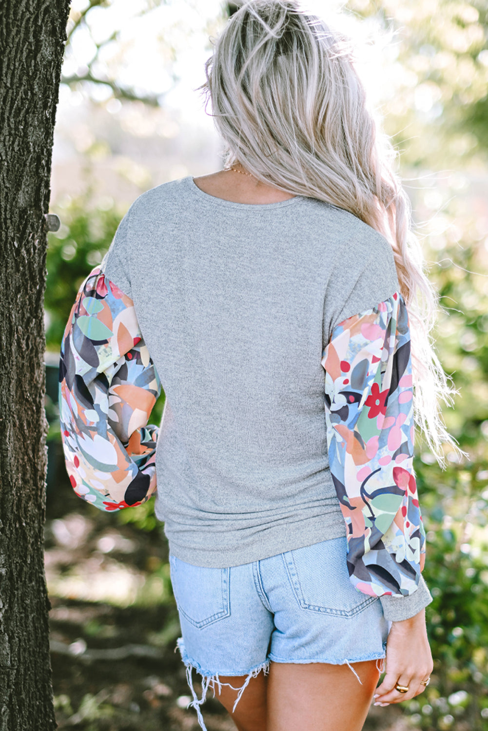 Gray Floral Lantern Sleeve Patchwork Buttoned V Neck Top | Women