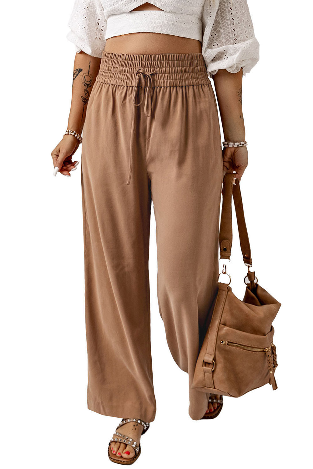 Brown Drawstring Elastic Waist Casual Wide Leg Pants | Women