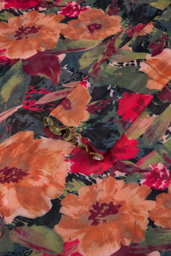 Multicolour Floral Print Lettuce Trim Long Sleeve Mesh Top
