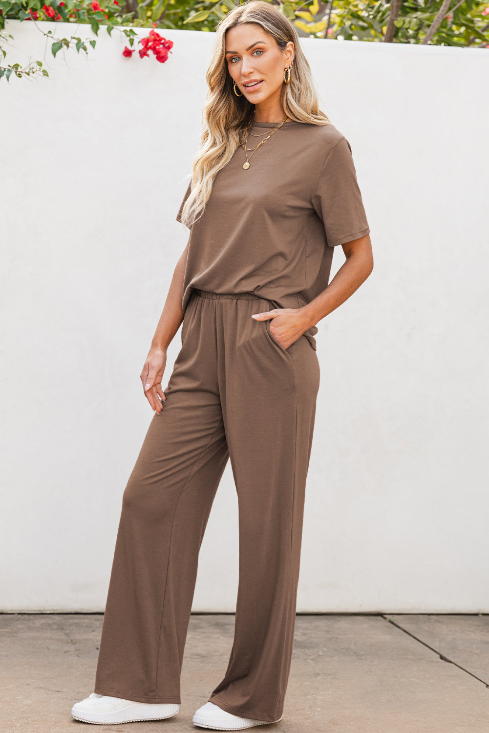 Smoke Gray Solid Color T Shirt 2pcs Wide Leg Pants Set