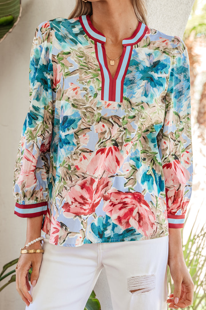 Sky Blue Contrast Trim V Neck Cuffed Bracelet Sleeve Floral Blouse