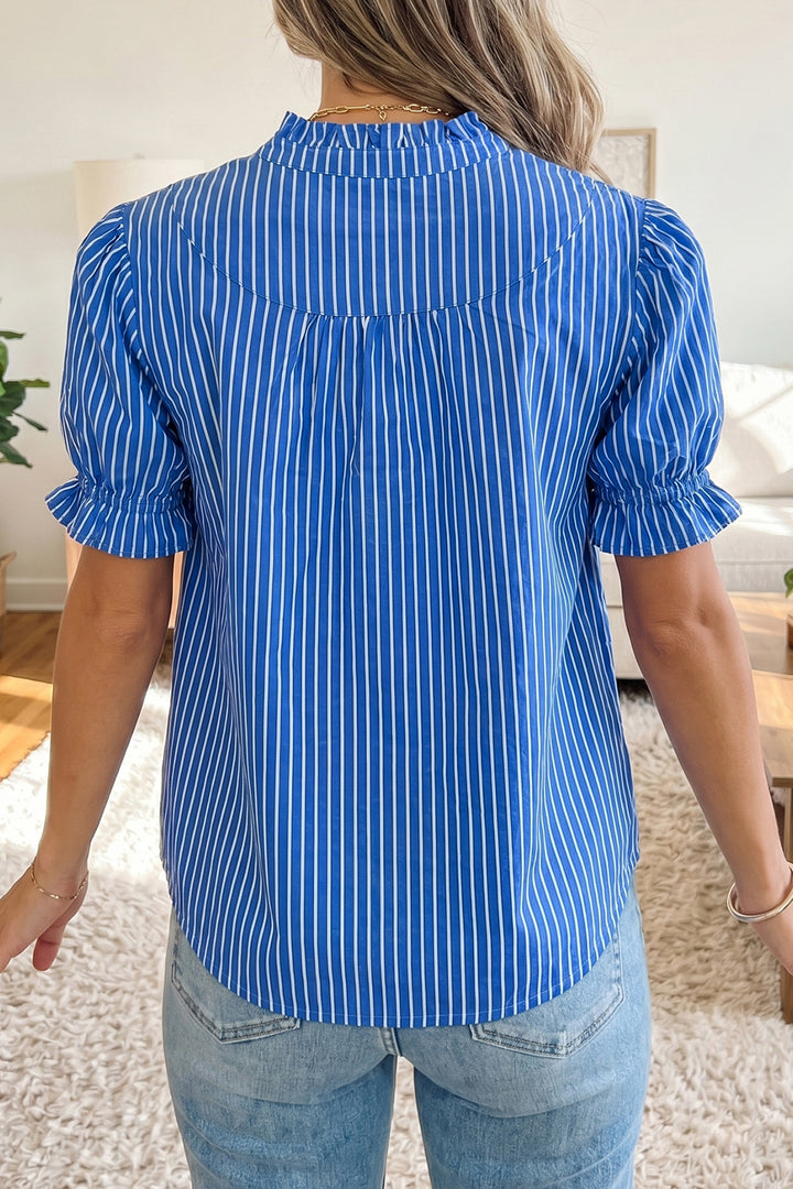 Red Stripe Ruffled Short Puff Sleeve Button Front Blouse