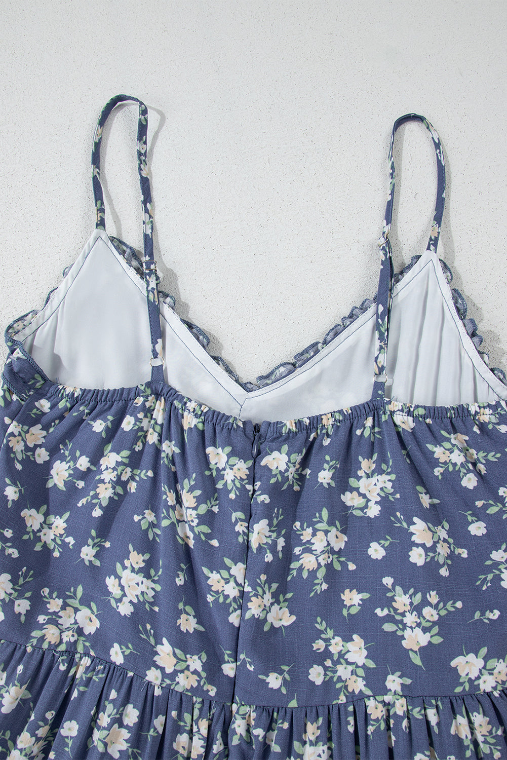 Blue Floral Spaghetti Strap Frilled V Neck Tiered Midi Dress