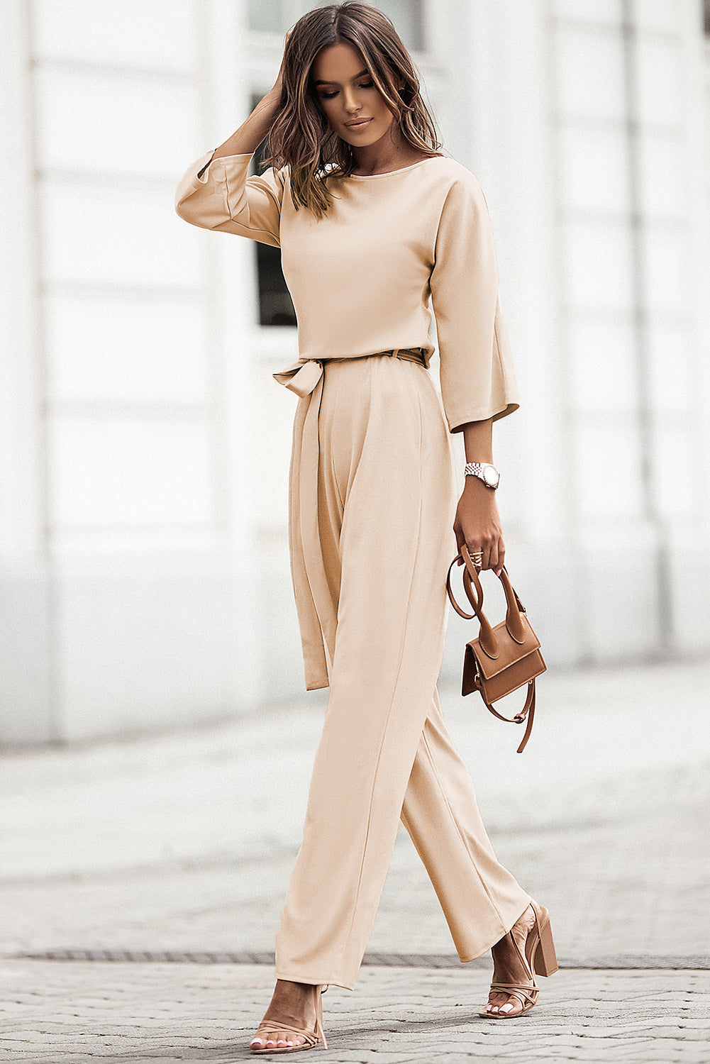 Apricot Braselet Sleeve Waist Tie Wide Leg Jumpsuit