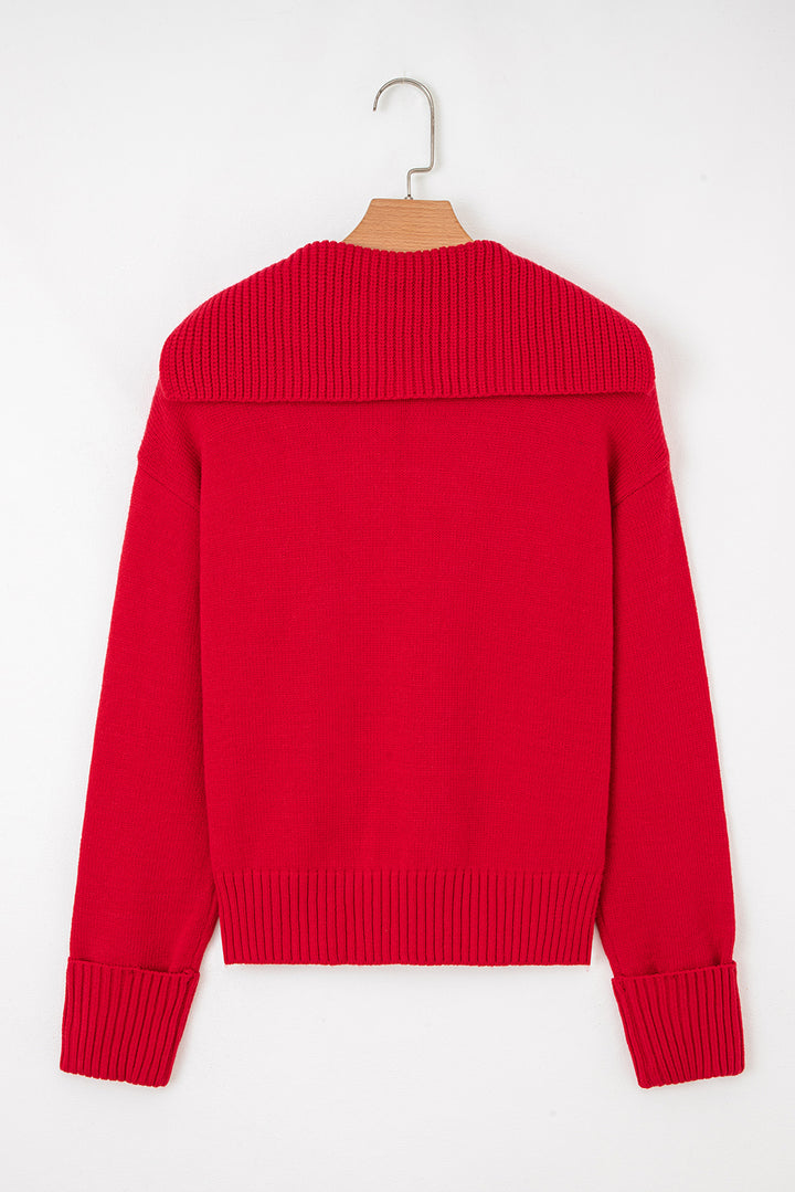 Racing Red Collared V Neck Ribbed Edge Sexy Elegant Sweater
