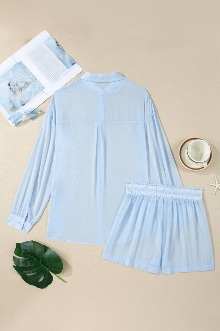 Beau Blue Sheer Tunic Shirt Drawstring Shorts 2pcs Swim Cover Up