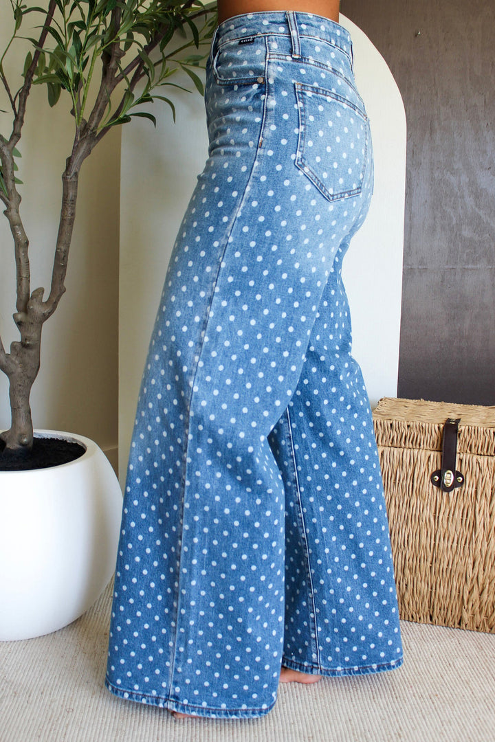 Sky Blue Polka Dot High Waist Shift Jeans
