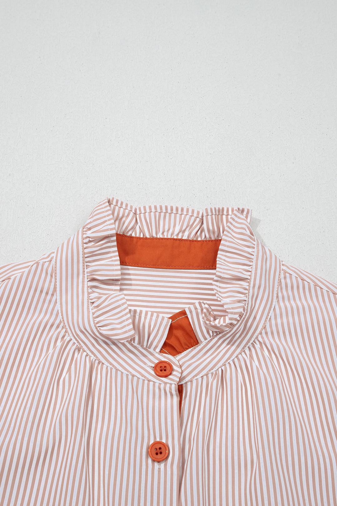 Khaki Stripe Color Block Patchwork Detail Frilled Collar Button Down Shirt