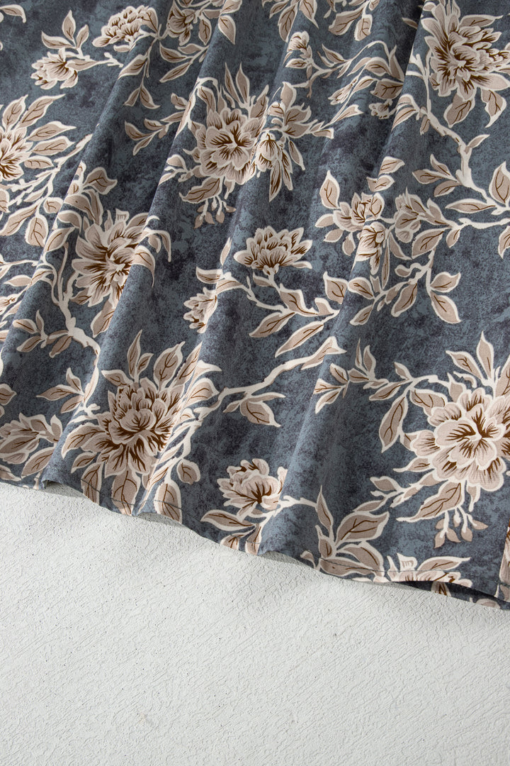 Sky Blue Plus Size Floral Print Split Neck Shirred High Waist Long Sleeve Maxi Dress