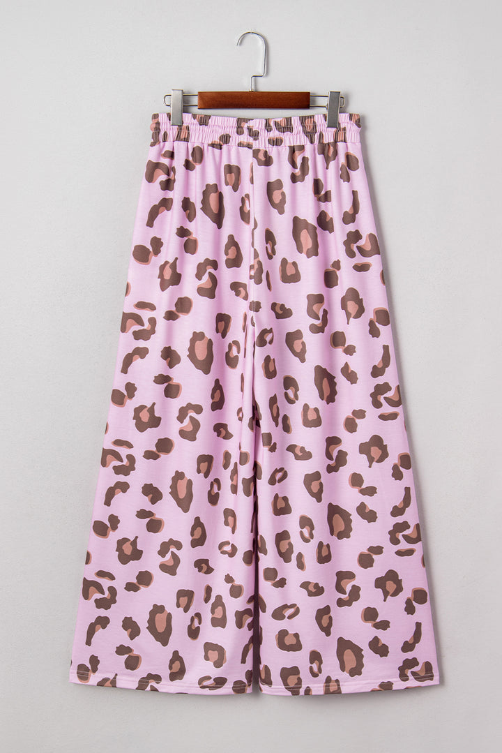 Pink Drawstring Leopard Print Patch Pocket Loose Pants