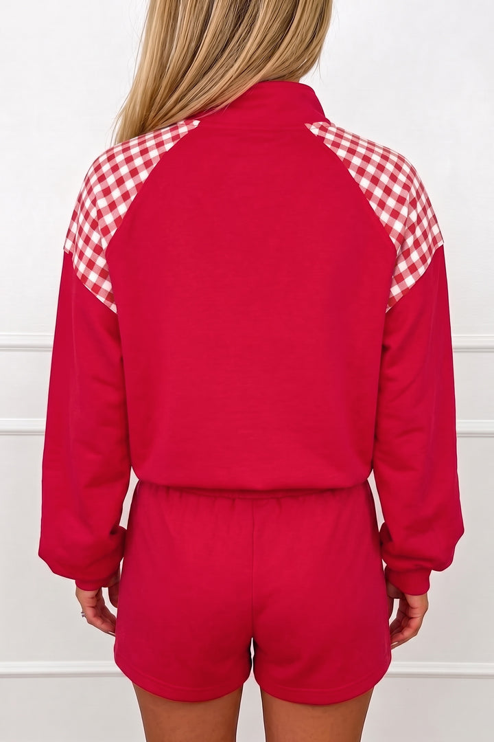 Fiery Red Plaid Patchwork Half Zip Pullover Drawstring Short Set