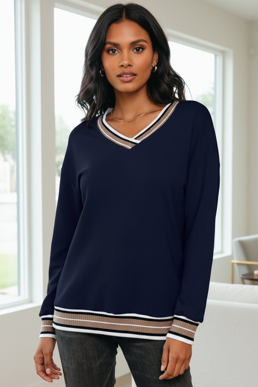 Parchment Varsity Contrast Striped Trim V Neck Sweatshirt