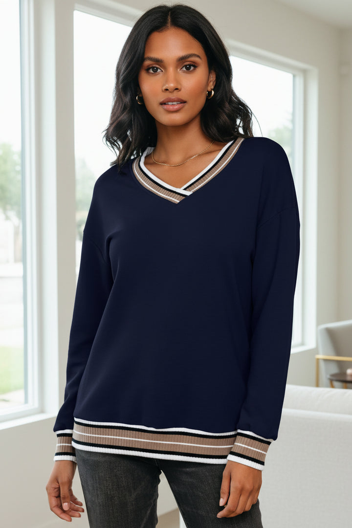 Parchment Varsity Contrast Striped Trim V Neck Sweatshirt