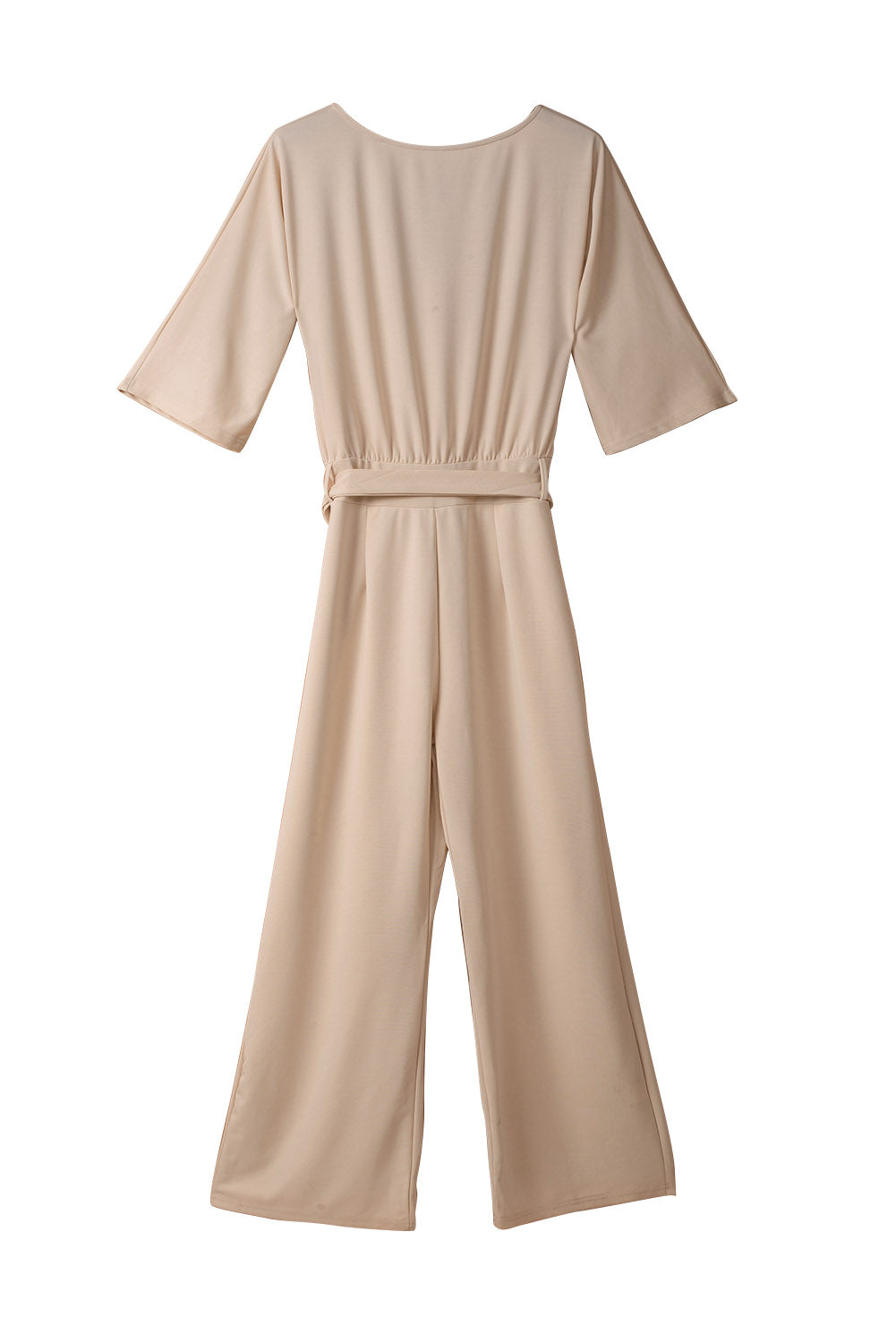 Apricot Braselet Sleeve Waist Tie Wide Leg Jumpsuit