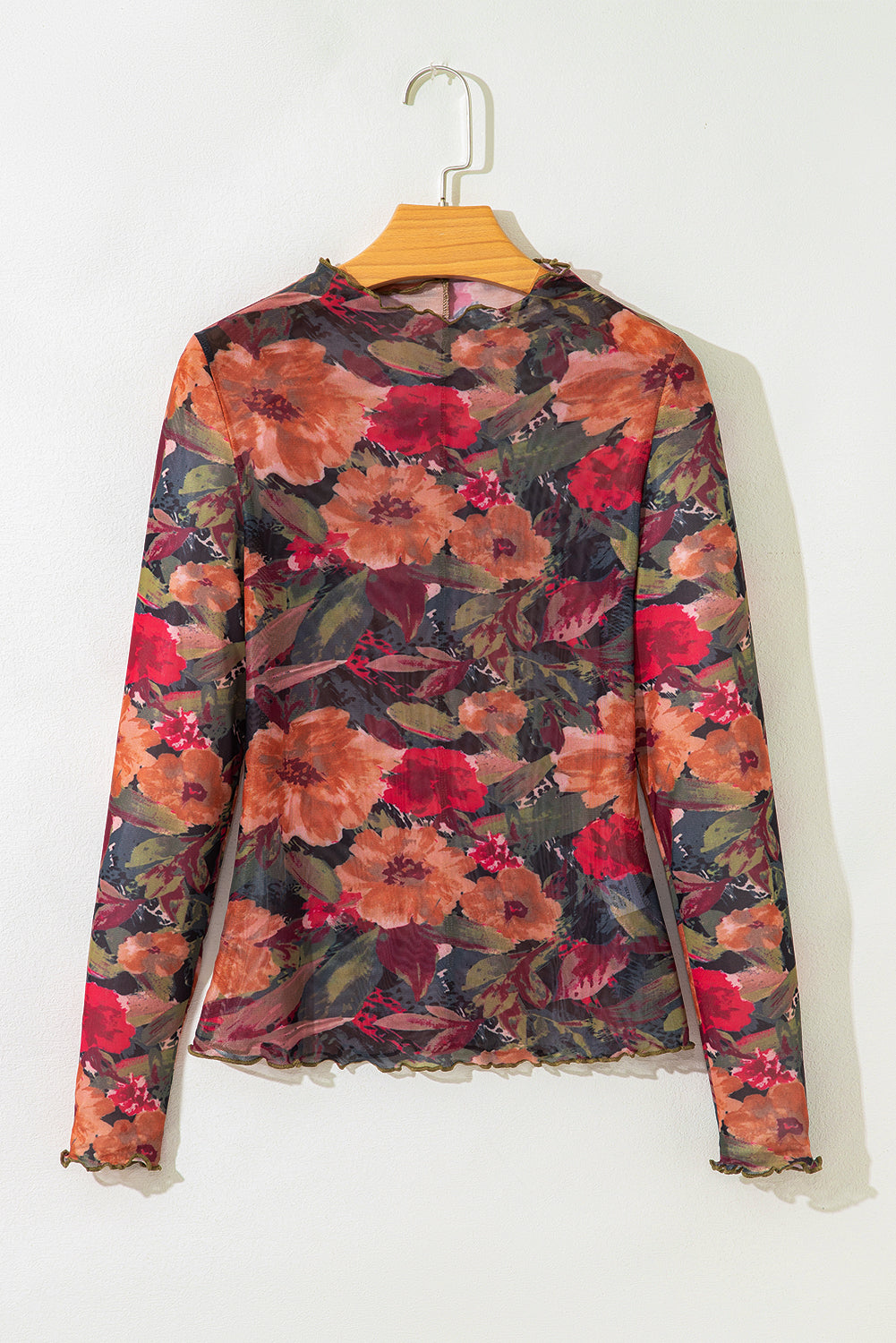 Multicolour Floral Print Lettuce Trim Long Sleeve Mesh Top