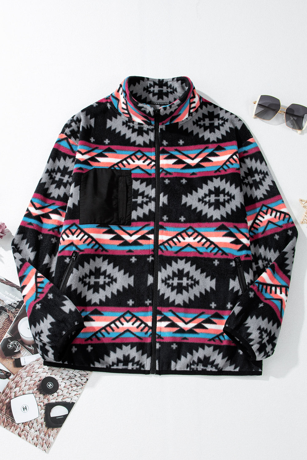 Premium Black Aztec Printed Zip Up Collar Jacket