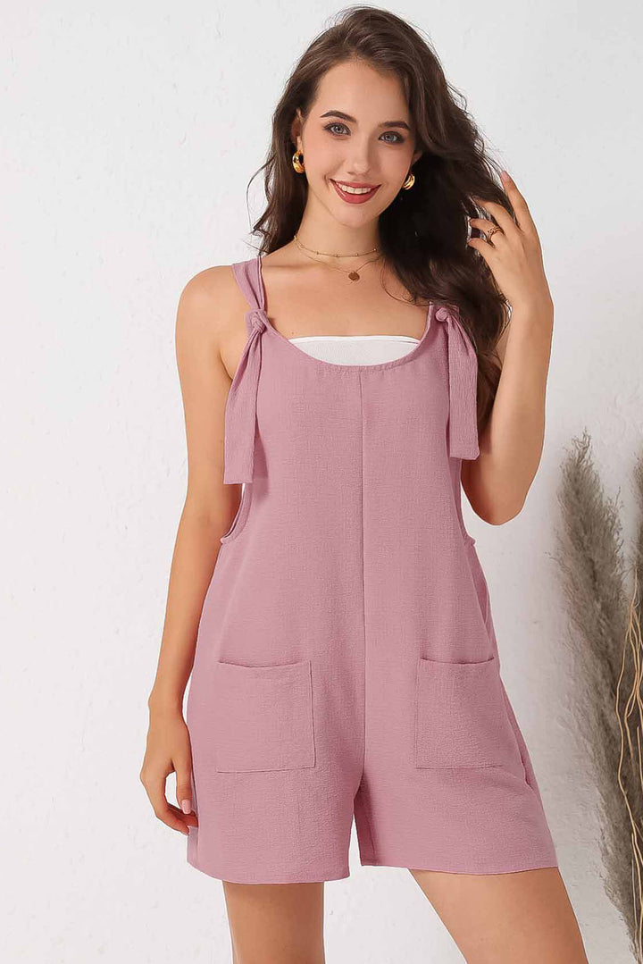 Pink Adjustable Straps Pocketed Textured Romper | Women