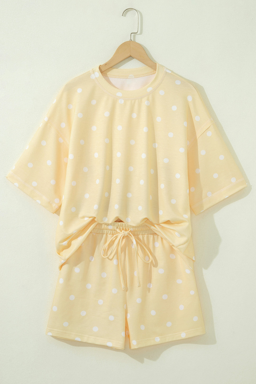 Yellow Exposed Seam Detail Polka Dot Loose Tee Drawstring Shorts Set