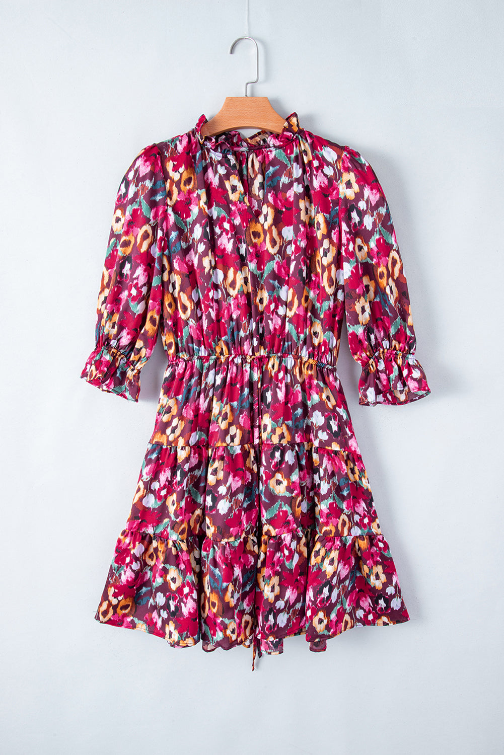 Rose Red Floral Print Tiered Ruffled Half Sleeve V Neck Dress | Women