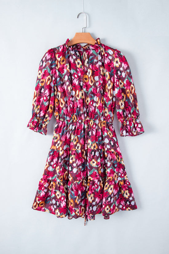 Rose Red Floral Print Tiered Ruffled Half Sleeve V Neck Dress | Women