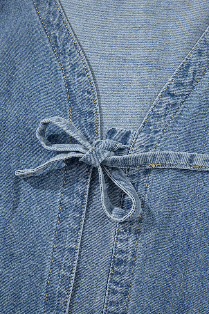 Dusk Blue Bow Tie Front Puff Sleeve Denim Top