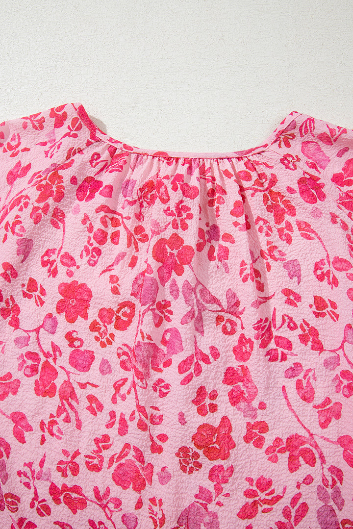 Pink Floral Puff Sleeve Split Neck Lightweight Blouse
