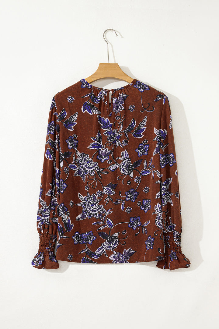 Brown Autumn Floral Print Smocked Cuffs Shift Blouse