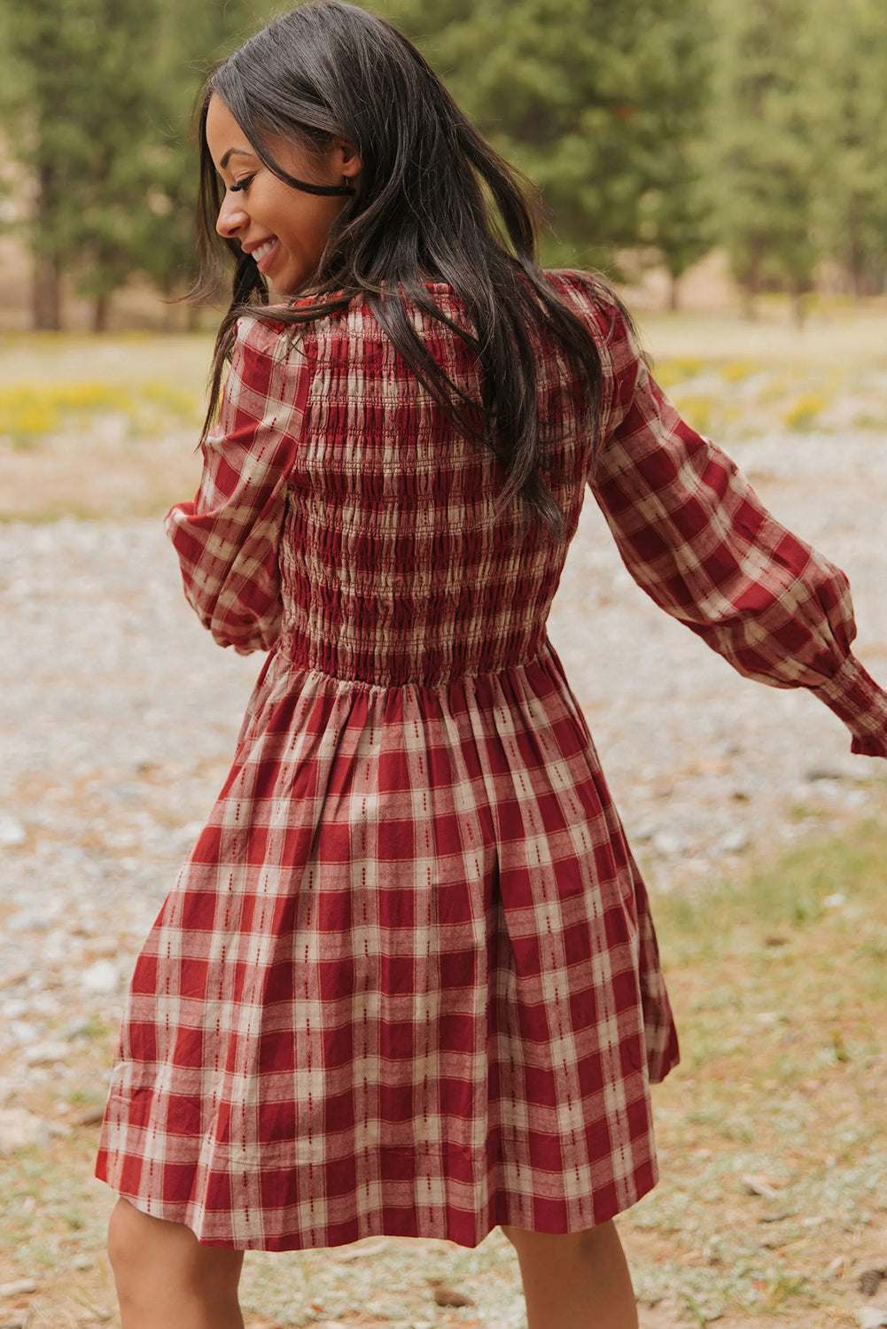 Red Plaid Print Smocked Puff Sleeve Mini Dress