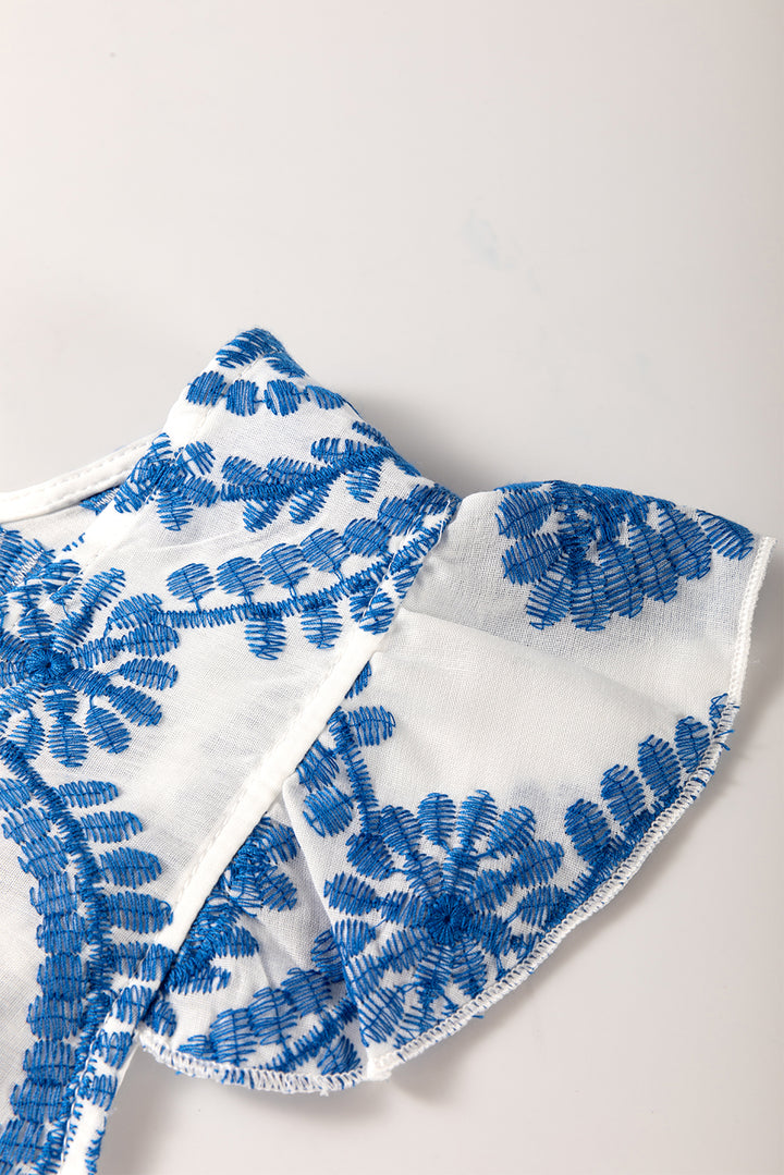 Blue Boho Embroidery Flutter Sleeve Crew Neck Blouse