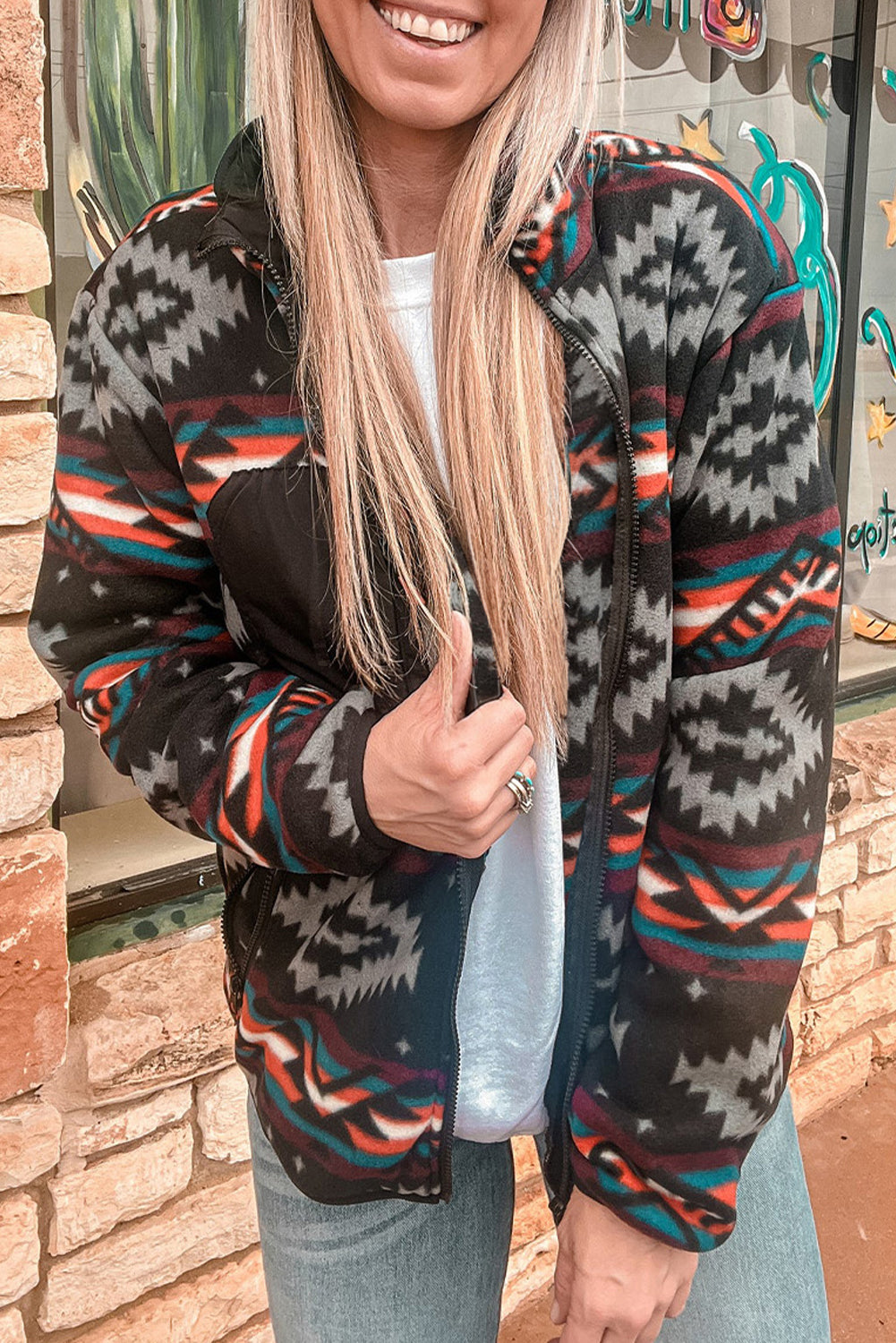 Premium Black Aztec Printed Zip Up Collar Jacket