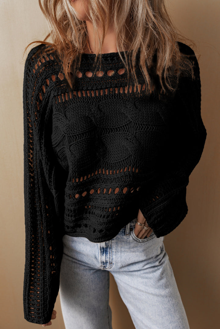 Blackish Green Hollow-out Cable Knit Cropped Sweater