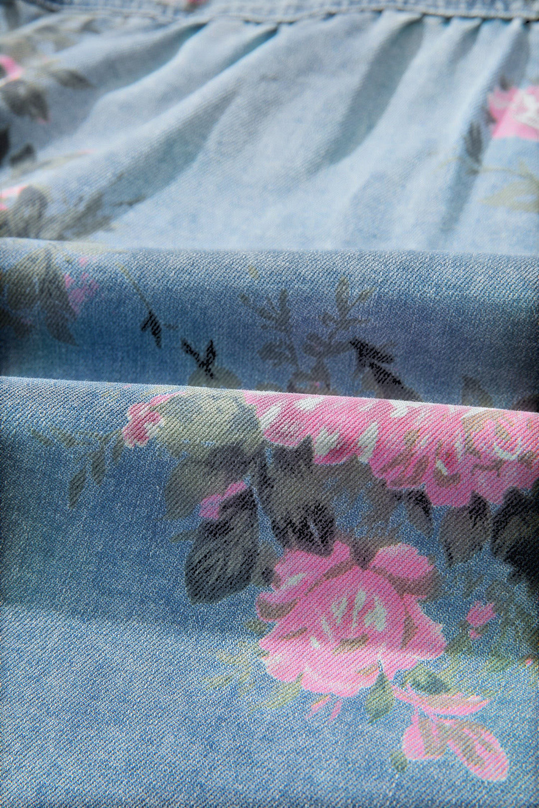 Blue Bracelet Sleeve Floral Denim Shirt