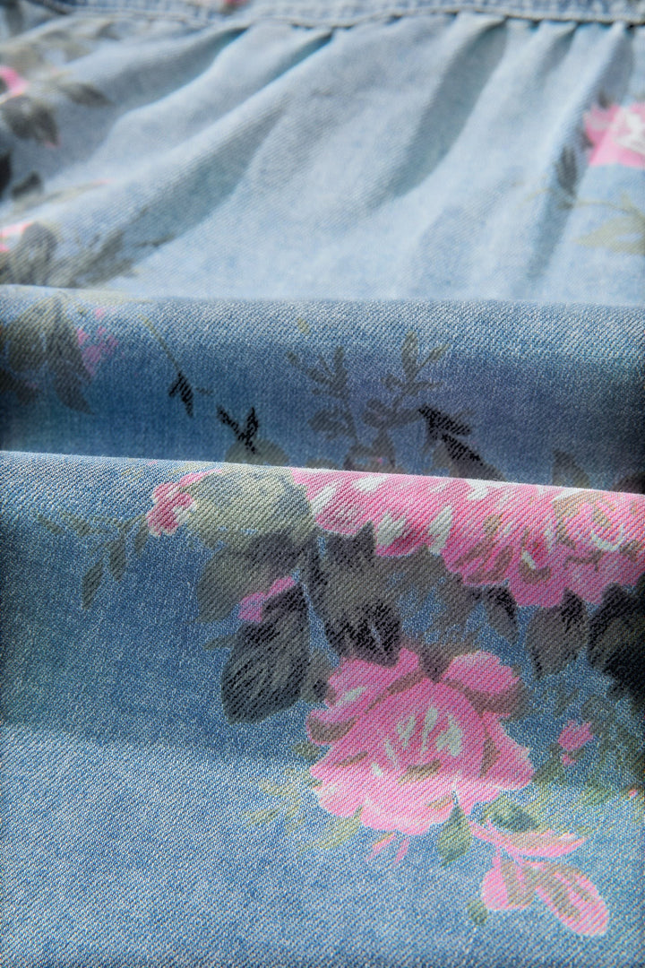 Blue Bracelet Sleeve Floral Denim Shirt