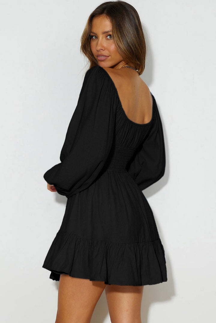 Black Solid Color Long Sleeve Shirred Drawstring Ruffle Mini Dress
