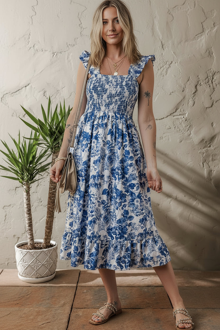 Woman wearing a blue floral dress standing indoors with a plant in the background