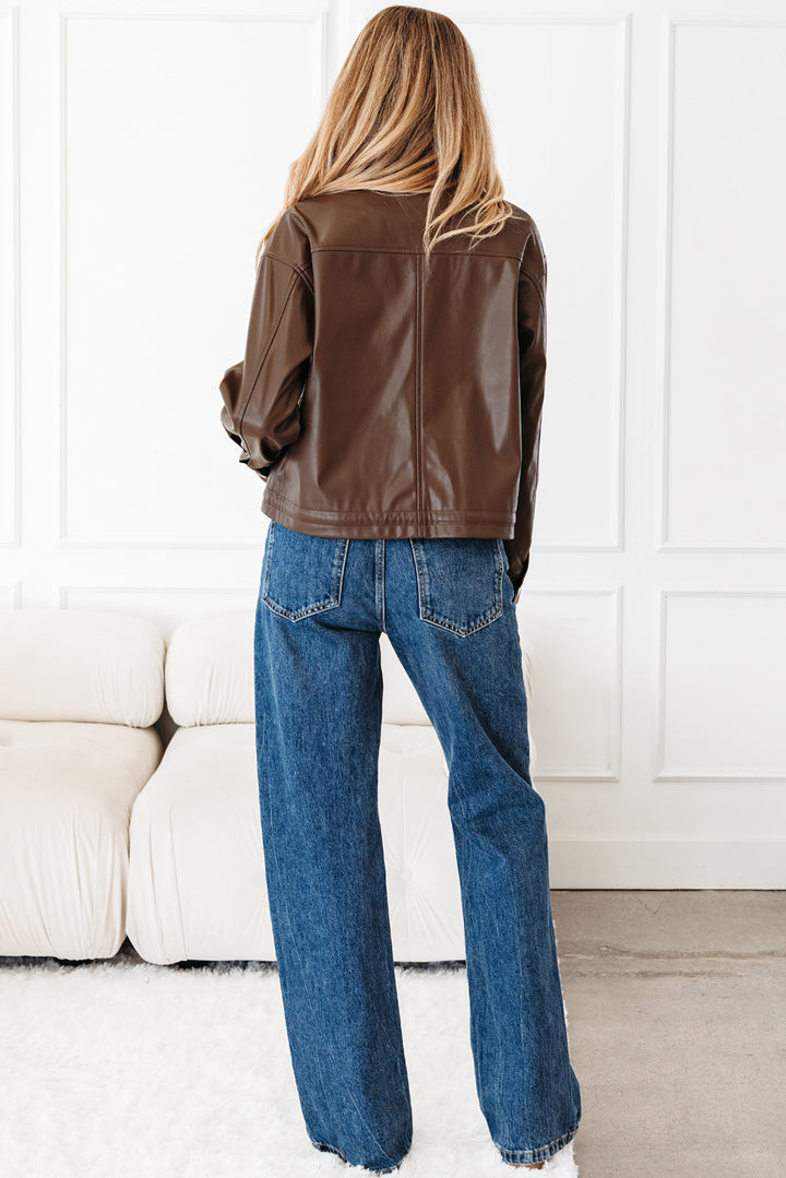 Chicory Coffee Double Flap Pocket Drawstring Hem Leather Jacket