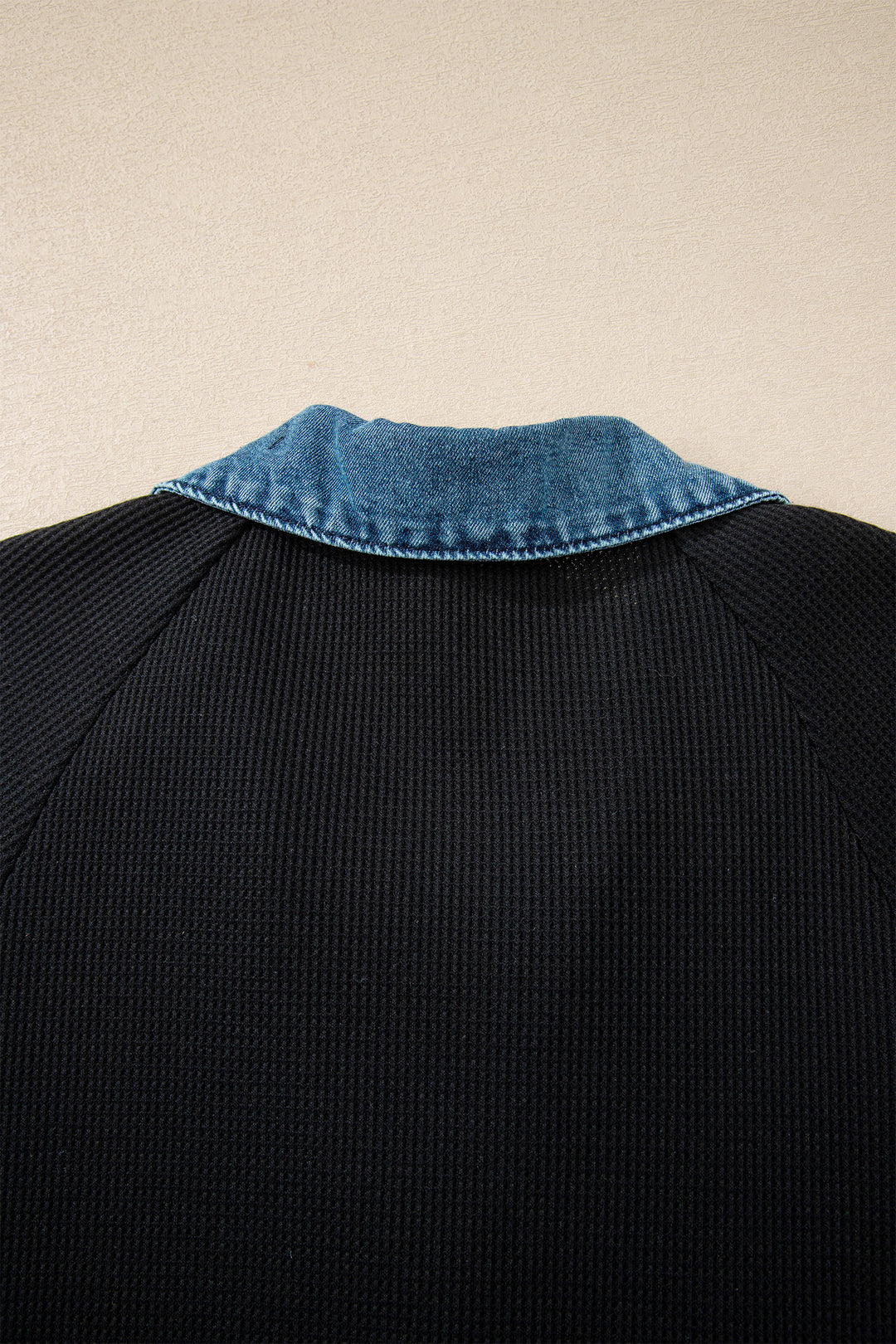 Black Waffle Knit Denim Contrast Trim Patchwork Button Polo Tee Dress