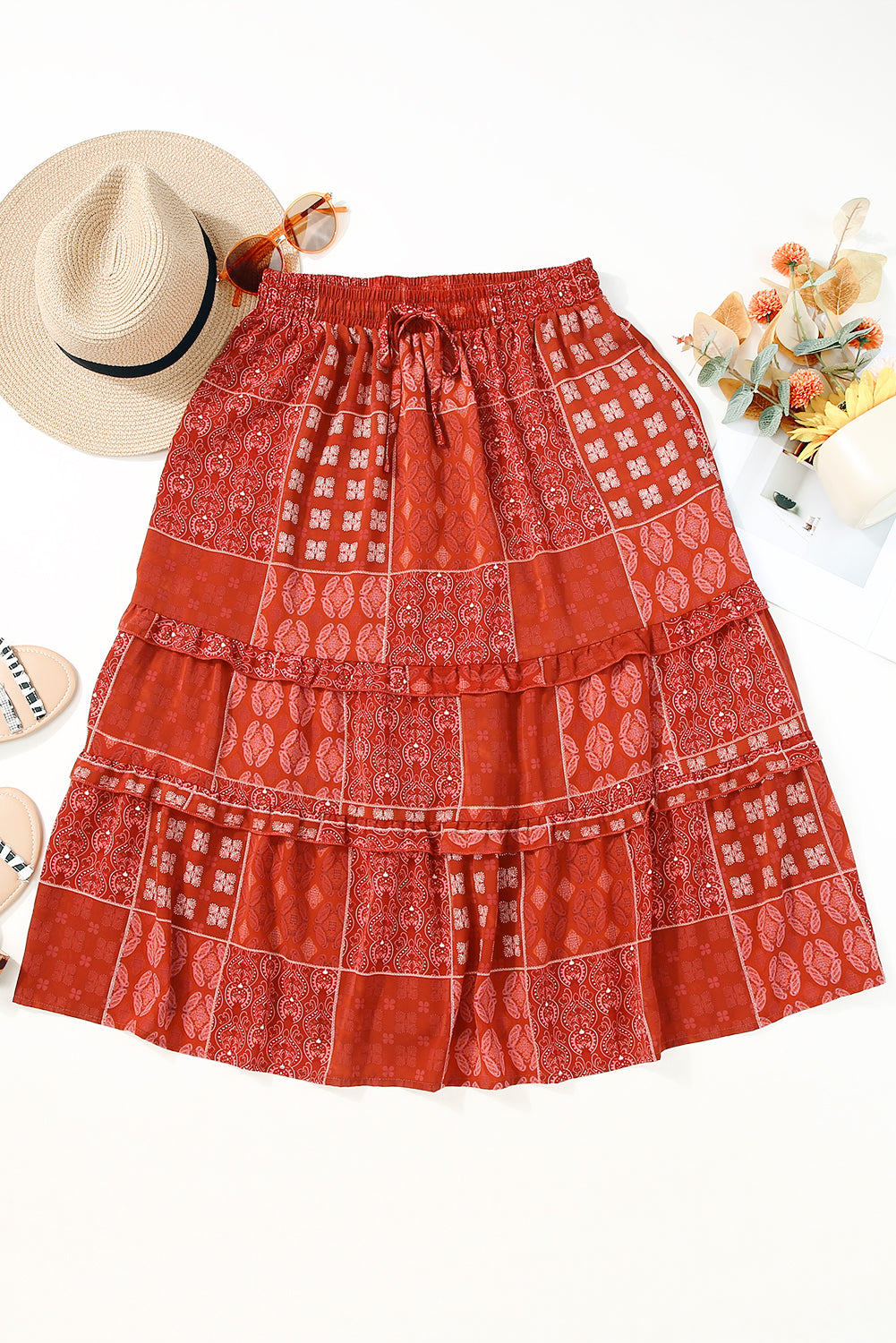 Fiery Red Bohemian Mix Print Long Flared Skirt | Women