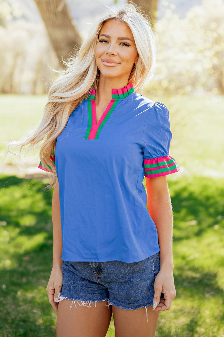 Green Striped Frilled Collar Ruffled Short Sleeve Blouse