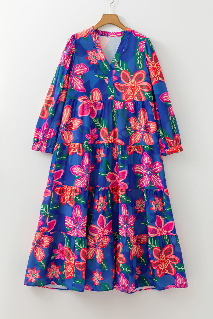 Blue Floral Print 3/4 Sleeve V Neck Tiered Long Dress