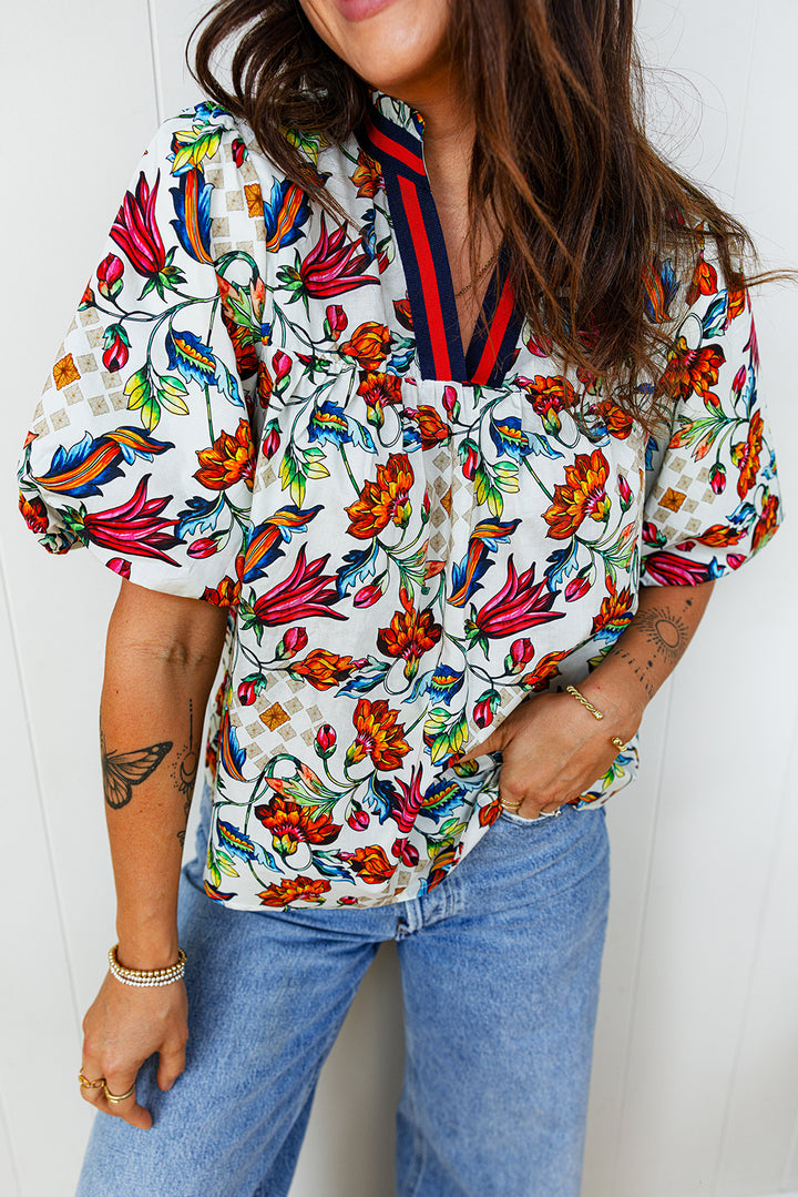 Multicolour Contrasted V Neckline Floral Puff Short Sleeve Blouse