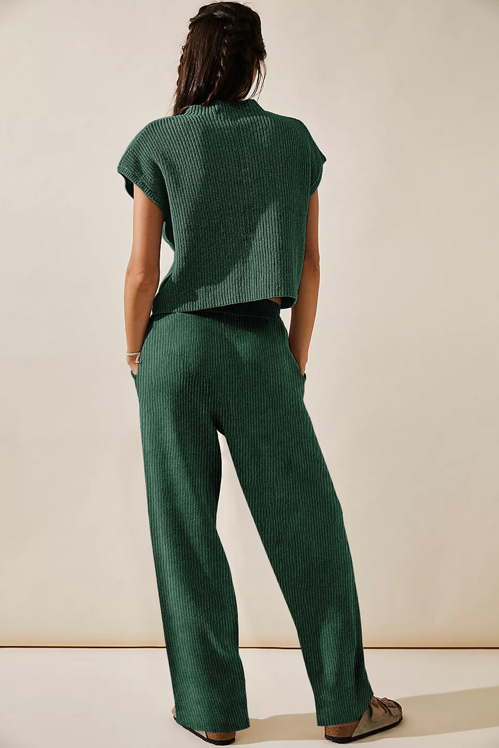 Green Knitted V Neck Sweater and Casual Pants Set | Women