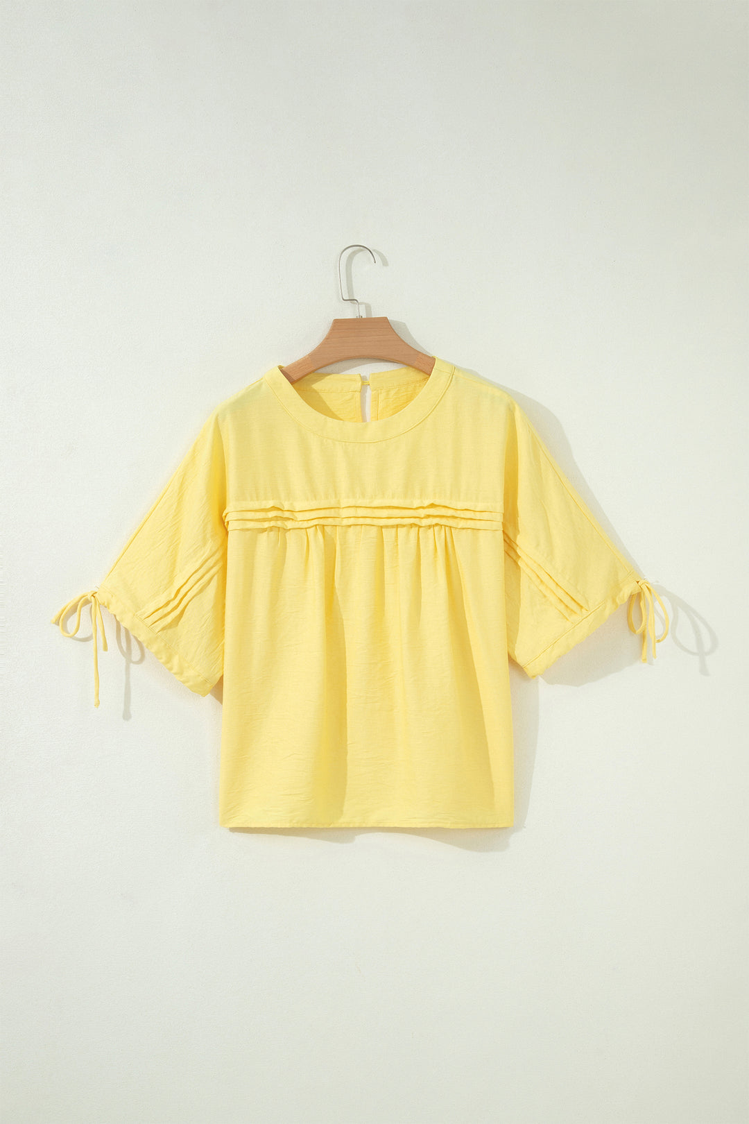 Yellow Cream Tie Half Sleeve Pleated Detail Babydoll Blouse