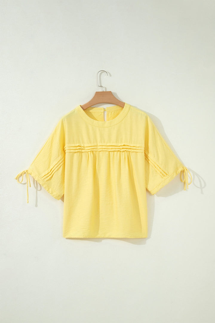 Yellow Cream Tie Half Sleeve Pleated Detail Babydoll Blouse