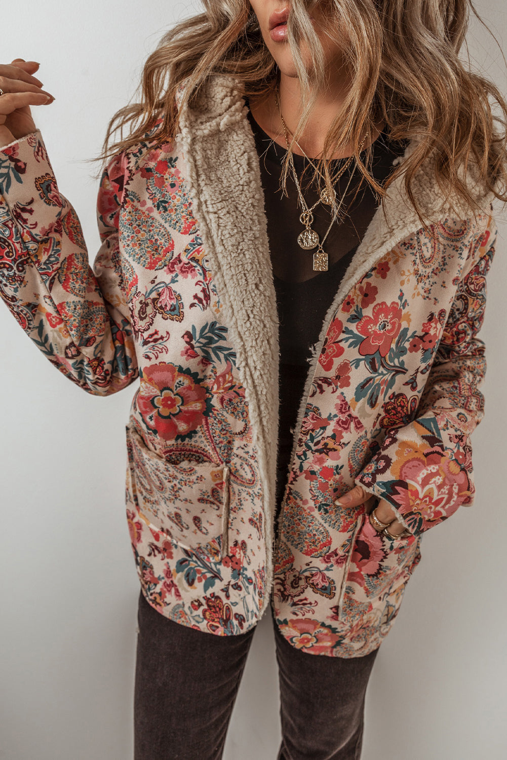 Beige Vintage Paisley Floral Printed Sherpa Lined Hooded Jacket