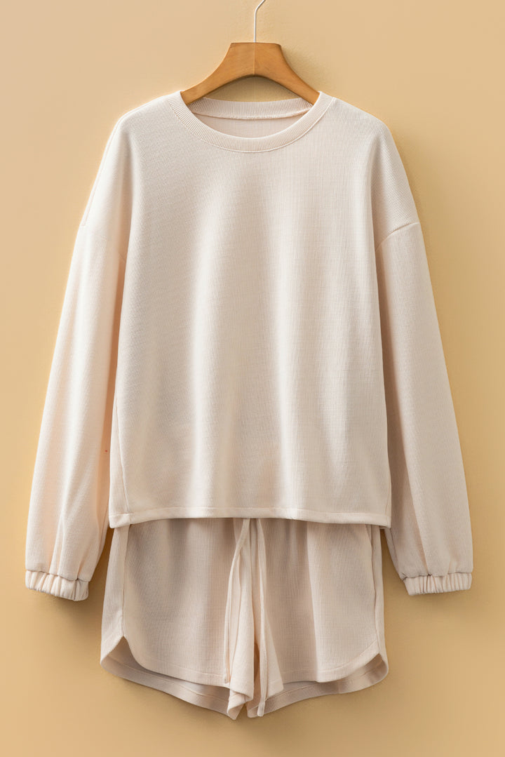 Jet Stream Solid Color Textured Knit Drop Shoulder Pullover Drawstring Shorts Set