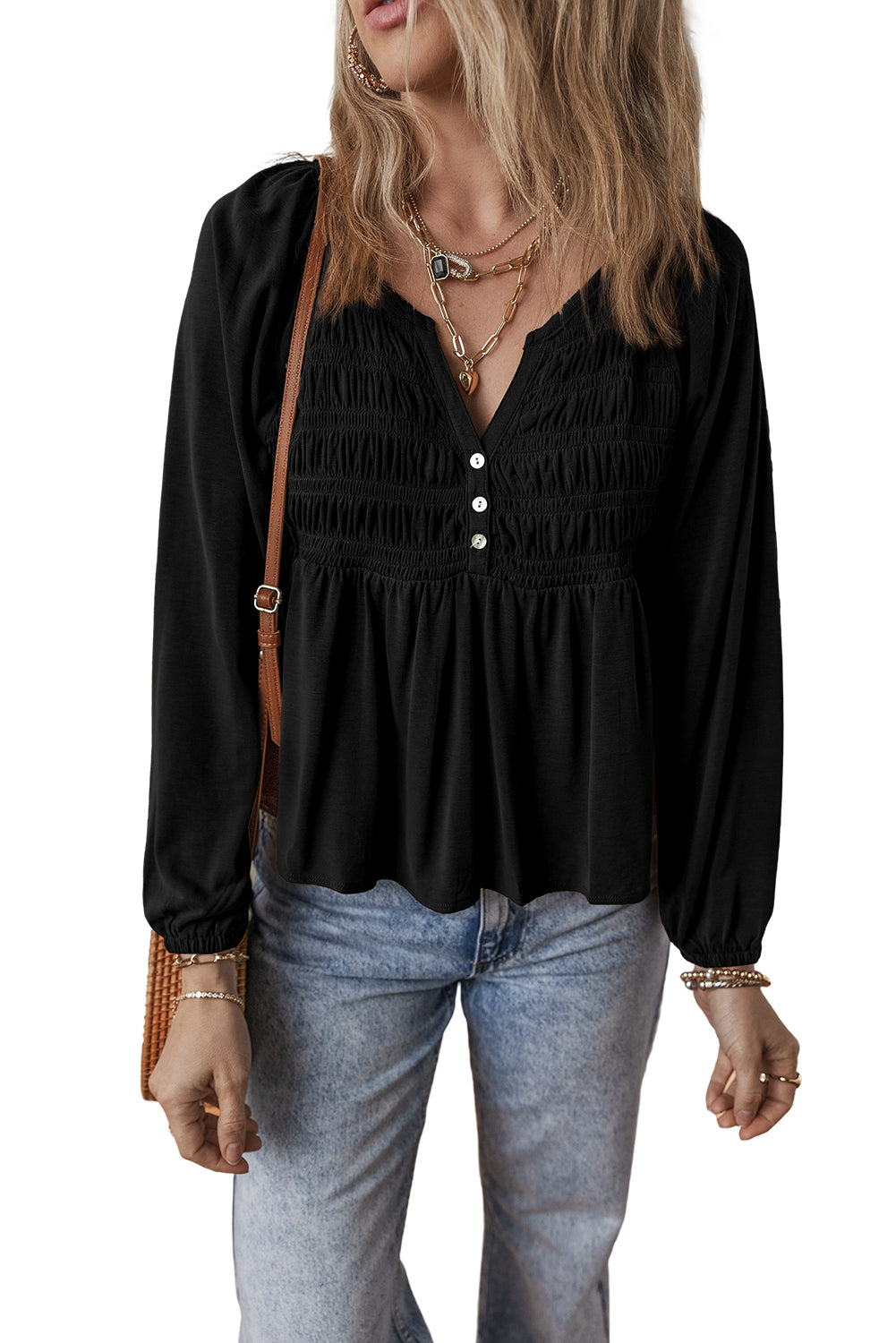 Cinnamon Smocked Bust Buttoned Split V Neck Flowy Blouse