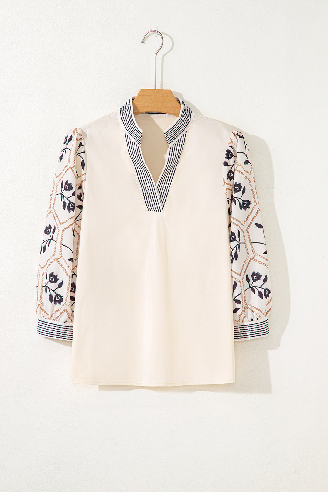 White Floral Puff Sleeve Contrast V Neck Patchwork Blouse