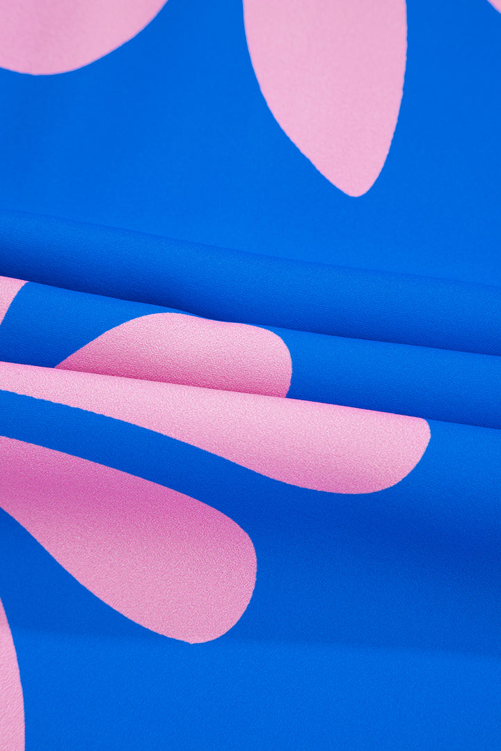 Blue Summer Flower Print Shirt Collar Button Front Loose Romper