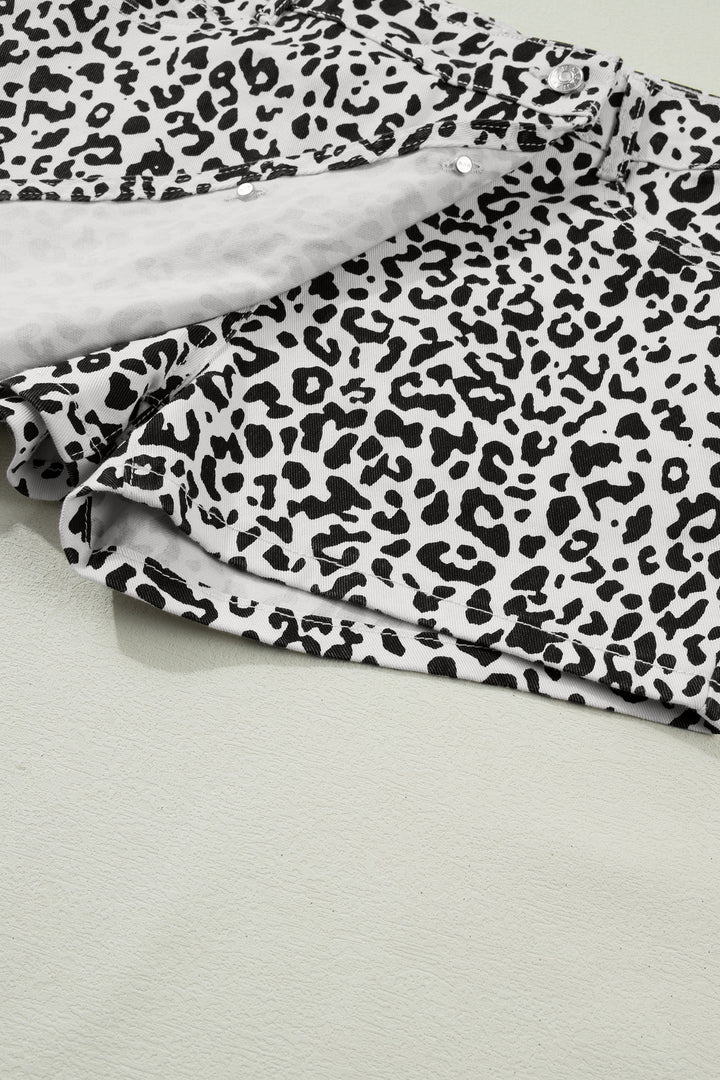 Black Leopard Print Button Overlap Denim Shorts